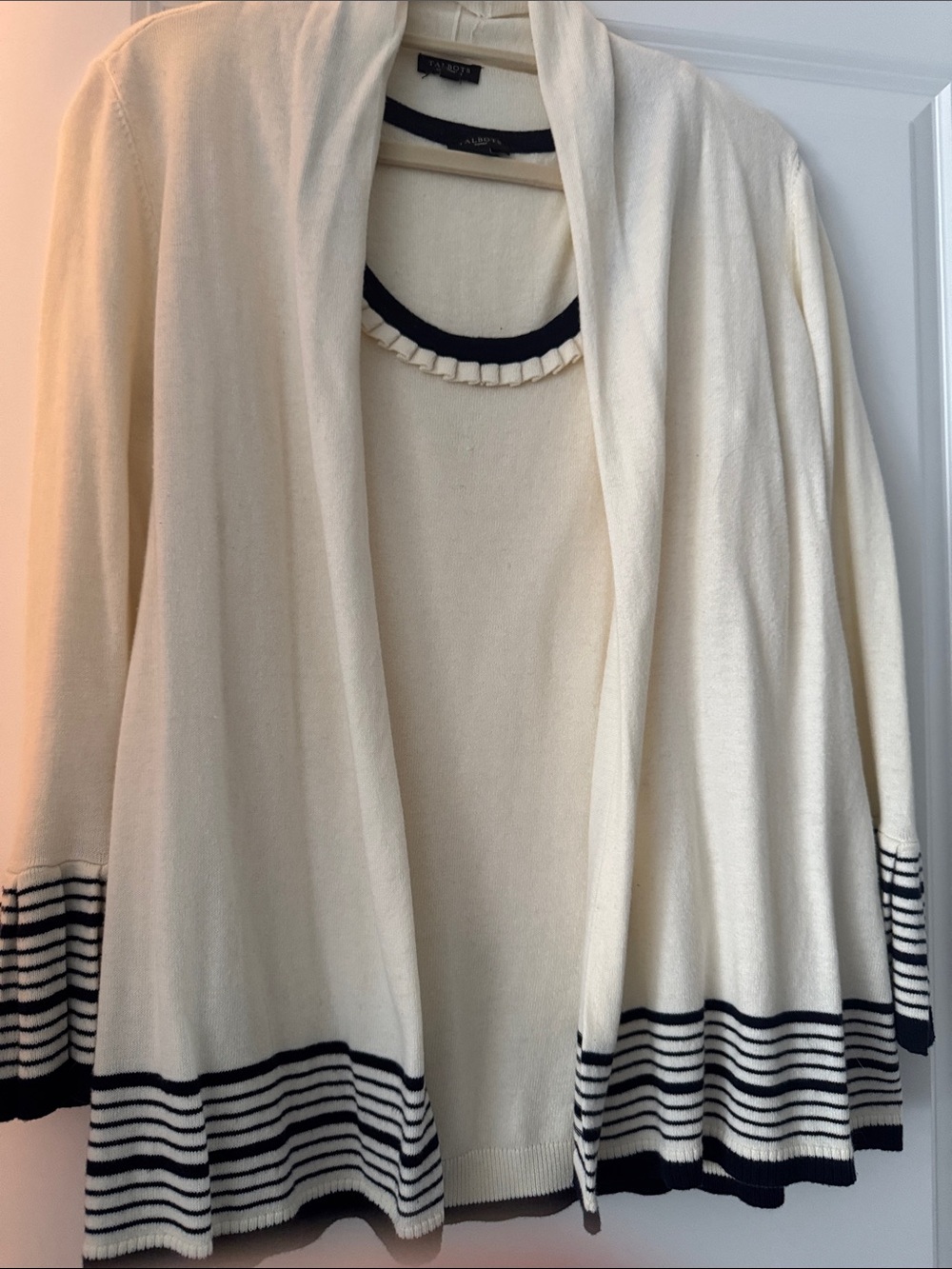 Cream and Navy Striped Open-Front Women's Sweater Cardigan & matching shell